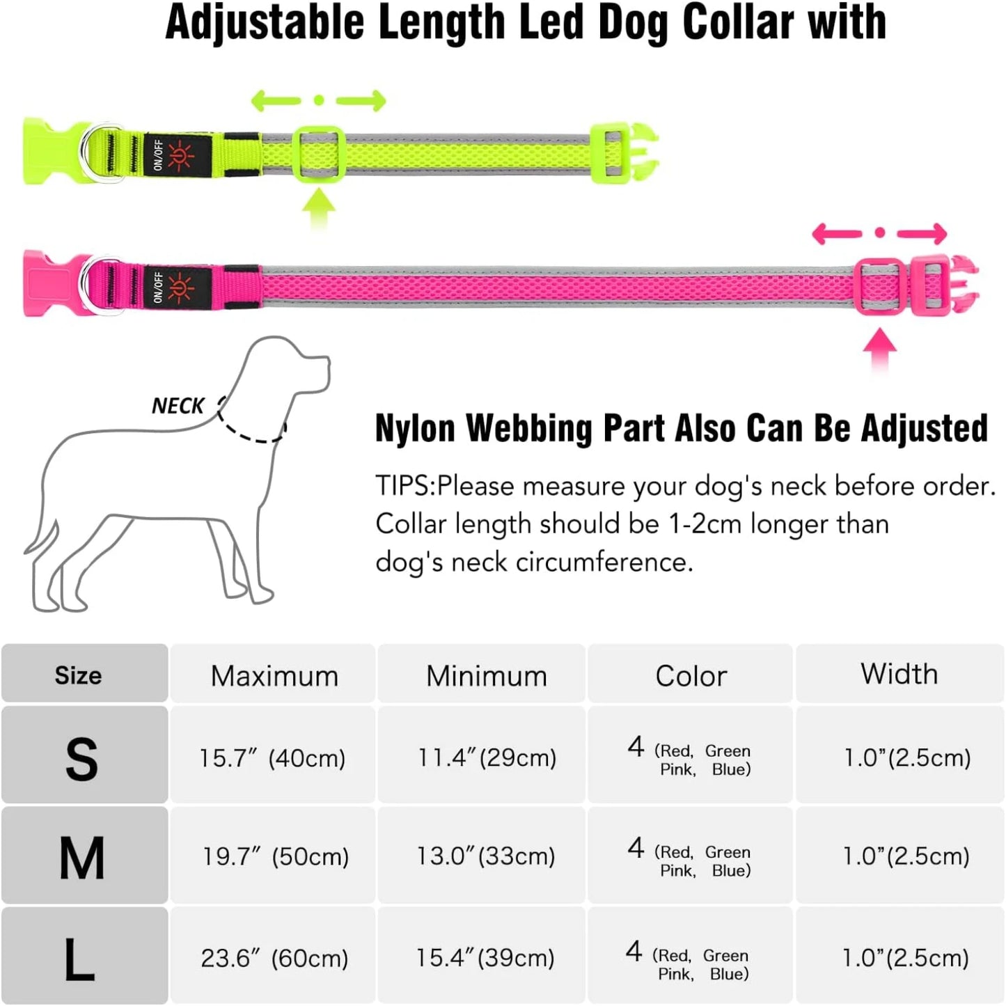 Comfortable and Visible Neon LED Dog Collar Lights - USB Rechargeable